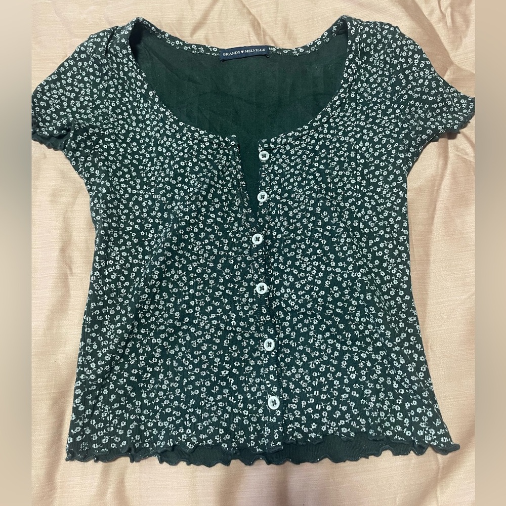 Brandy Melville Floral Button-Up Green Crop Top